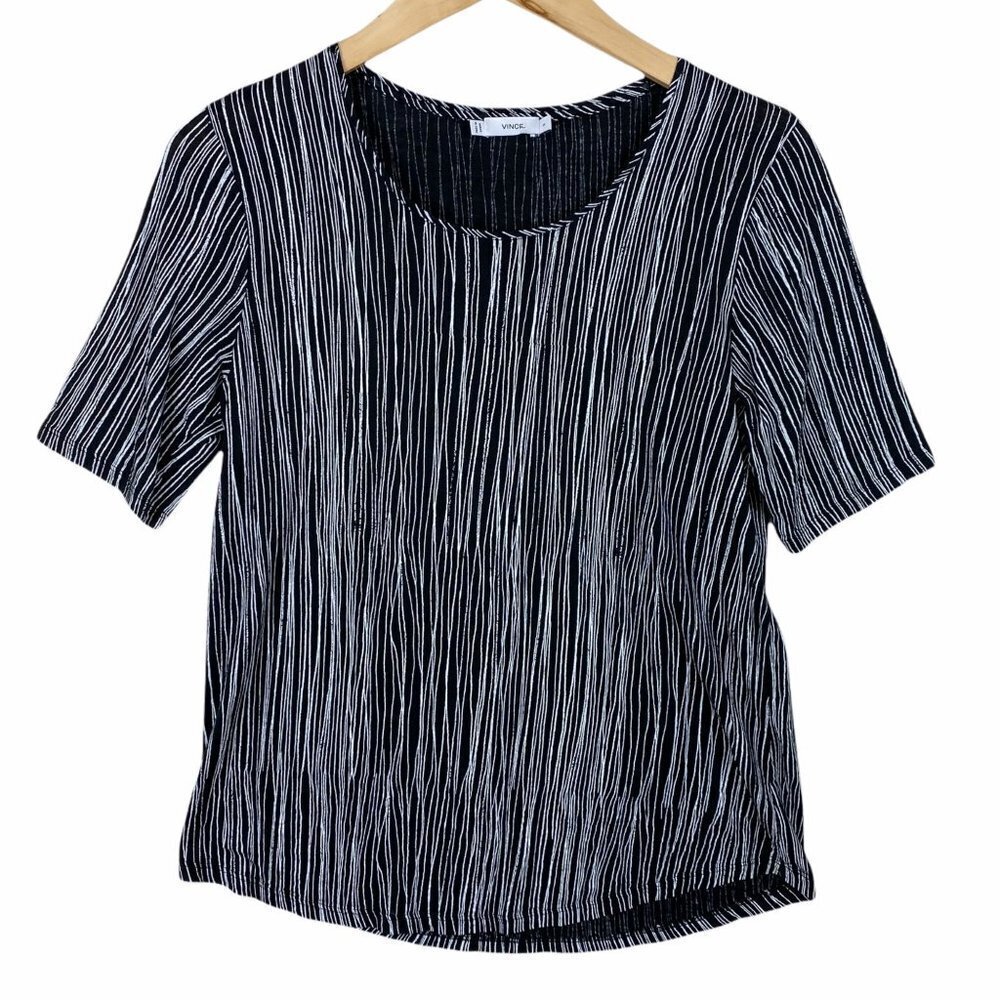 Vince Black T-Shirt with White Vertical Stripes- Small